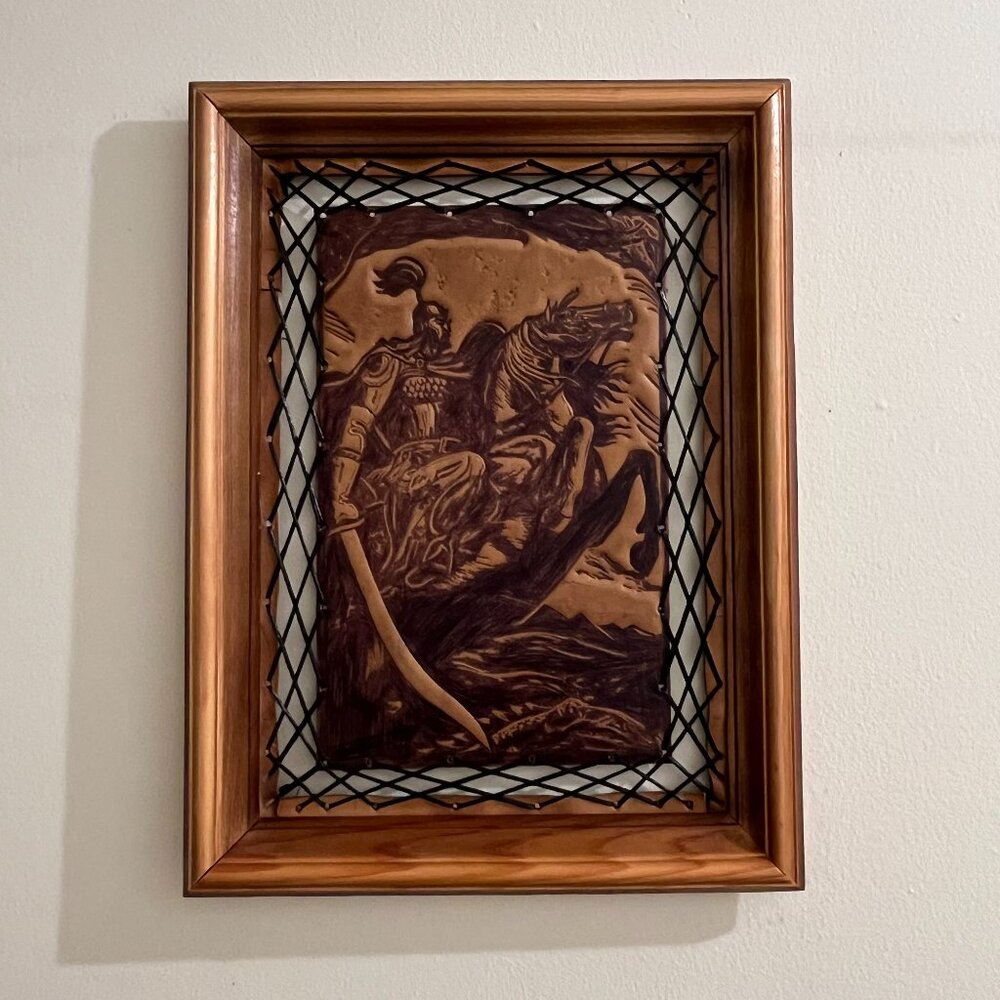 NEW Kyrgyz Tooled Leather Wall Art w/ Wood Frame - Warrior Manas on Horseback